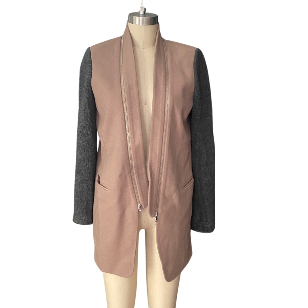 Tibi Camel Cashmere Wool Jacket Blazer with Grey Sleeve  Zip Lapel SZ 2